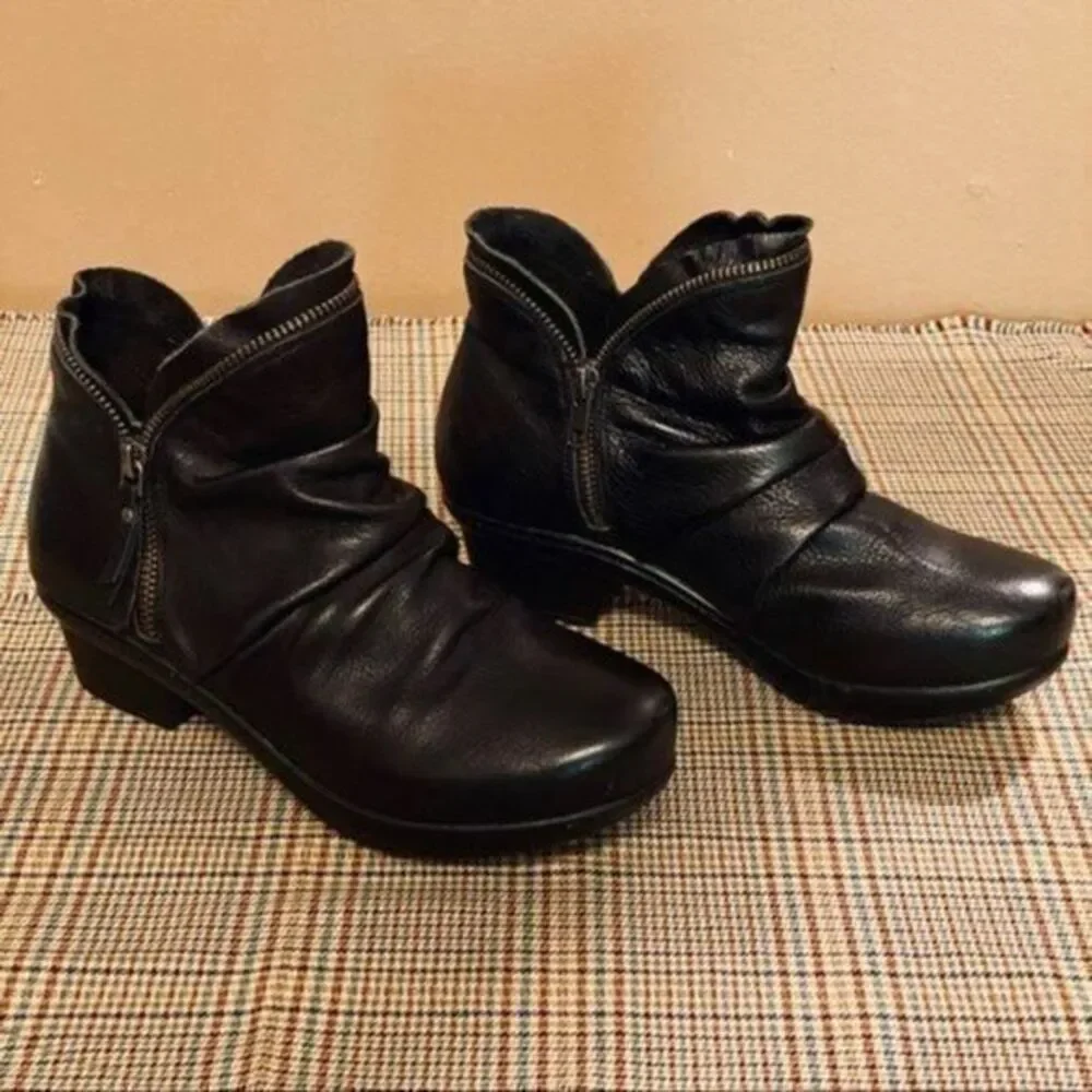 ABEO Pro Black Leather Ankle Boots with Side Zip Ruched Design Comfort Booties 7